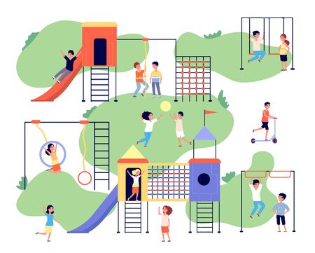 Children playground. Group happy kids. Kindergarten outdoor activity. Vacation, friends game in park. Swing and slide vector illustration. Kindergarten outdoor, play park with slide for kidsのイラスト素材