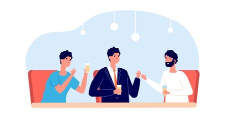 Men drinks together. Male friends sitting at desk with glasses of beer. Party in cafe, friday evening meeting in bar. Business partners dinner, friendship or partnership vector illustrationのイラスト素材
