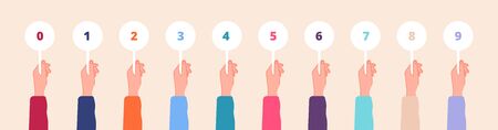 Hand holding cards. Judges marks, color scorecards in hands. Competition scores or feedback, game contest numbers tables. Voting vector set. Score number holding and showing for voting illustrationのイラスト素材
