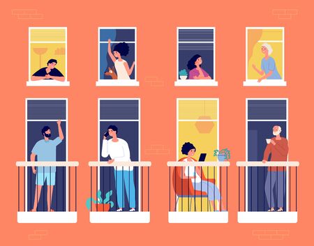 People on balcony. Modern apartment building, neighborhood life. Neighbours looking, communication, reading and drink coffee vector concept. People on balcony, person isolation read book illustration