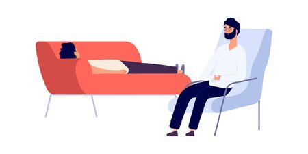 Psychotherapist and patient. Flat man on psychotherapy session. Psychologist consulting depressed guy vector illustration. Psychotherapist or psychologist, psychiatry and psychology therapyのイラスト素材