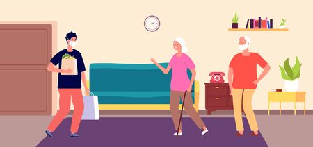 Courier service man. Volunteer for elderly people, delivery boy with packages. Happy grandparents grandson protective mask. Delivery on isolation period vector. Volunteer delivery service illustrationのイラスト素材