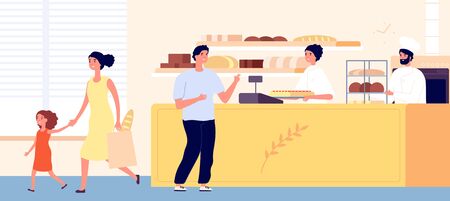 Bakery shop. Small bread store interior, woman man buy snack. Flat bakers customers characters. Food vendor business vector illustration. Bread and bakery store with customersのイラスト素材