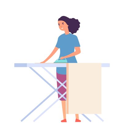 Woman ironing. Housewife doing housework. Flat female character with iron. Isolated cute woman vector illustration. Housewife ironing, do housework, woman iron clothingのイラスト素材