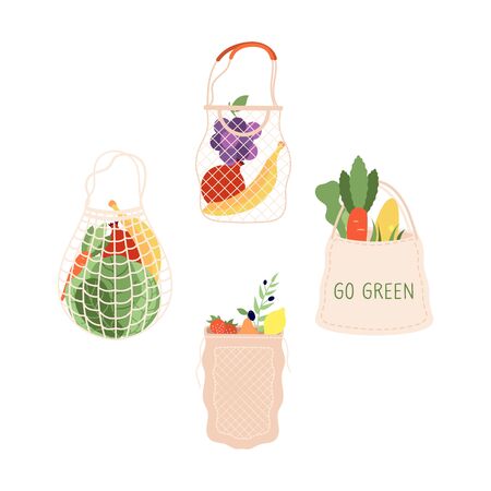 Grocery bags. Shopping food bag, organic supermarket shop packaging. Fresh fruits vegetables market packs, vegetarian cabbage banana grape vector illustration. Cabbage and fruit, onion pepper in bagのイラスト素材