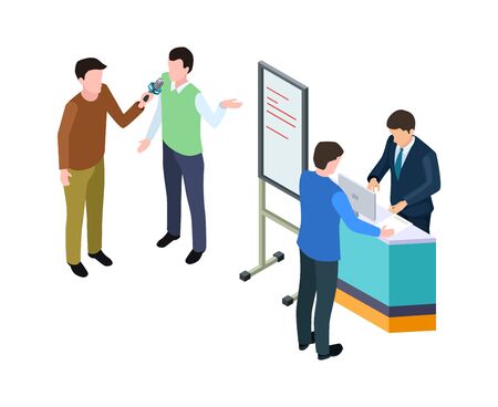 Business presentation. Isometric businessman, guy giving interview. Conference or product advertising, marketing vector illustration. Manager briefing and presentation board isometricのイラスト素材