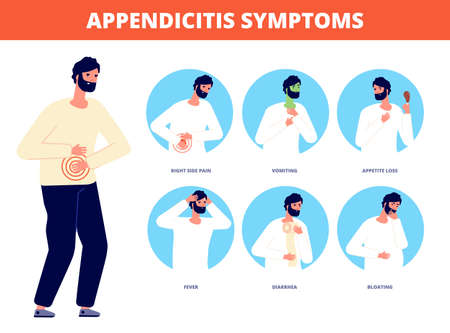 Appendicitis symptoms. Abdominal pain disease, diarrhea nausea vomiting. Stomach gastric spasms colic, emergency patient vector illustration. Abdominal pain and appendix sickness, diarrhea and acheのイラスト素材