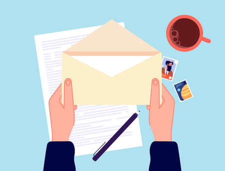 Hand holding envelope. Mail message, correspondence paper letter. Preparation messaging or postal notification, postcrossing vector concept. Illustration mail post for communicationのイラスト素材