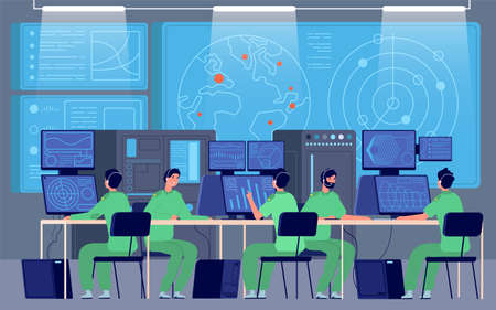 Government control center. Command room, engineers controlling military mission. Security station, cybersecurity department vector. Government security center, control and surveillance illustrationのイラスト素材