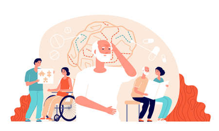 Alzheimer disease. Illness neurology therapy. Elderly loss memory, brain treatment. Senior patient medical rehabilitation vector concept. Illustration alzheimer brain, dementia diseaseのイラスト素材