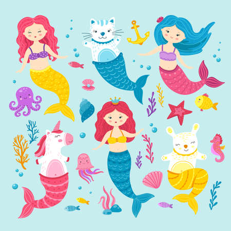 Cat unicorn mermaid. Graphic happy magic mermaids. Funny cartoon kitten hare pony. Sea life clipart for kids, cute ocean animals vector set. Unicorn animal, kitty and hare, happy magic illustrationのイラスト素材