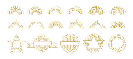 Vintage gold sunburst. Circle lines decorations, sunrise graphic elements. Hipster sunburst icons. Isolated retro badges with radiant star rays vector set. Illustration sunburst and sunshine shapeのイラスト素材
