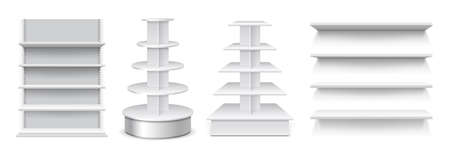 Supermarket stand. Selling displays, store shelf for products. Realistic rack mockup, 3d empty front exhibition or shop equipment. Market showcases vector illustration. Market mock up shelvingのイラスト素材