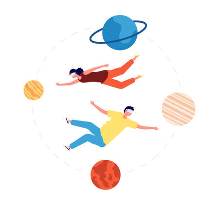 Virtual space travel. People vr glasses flying between planets. Augmented Reality, modern video...