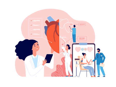 Cardiology. Health heart check up, cardiologists and cardiovascular pressure. Transplantation research, hypertensive disease vector concept. Medical health heart cardiovascular, diagnose illustrationのイラスト素材
