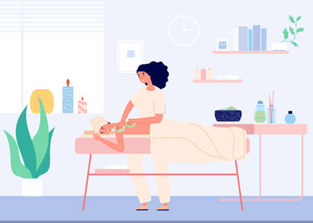 Woman in spa salon. Massage, relaxing time for beauty procedures. Young girl and beautician or masseur. Female lifestyle activities vector illustration. Beauty spa salon, woman relaxation bodyのイラスト素材