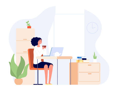 Girl sitting home. Woman at desk watching video on laptop and drinking tea. Student learning online or distance lessons, freelance job. Female has domestic relax after work vector illustrationのイラスト素材