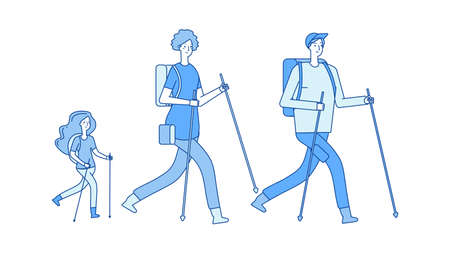 Family trip. Hiking trekking, mom dad daughter lead healthy lifestyle. People walk in nature vector illustration. Trekking and hiking activity, trip familyのイラスト素材