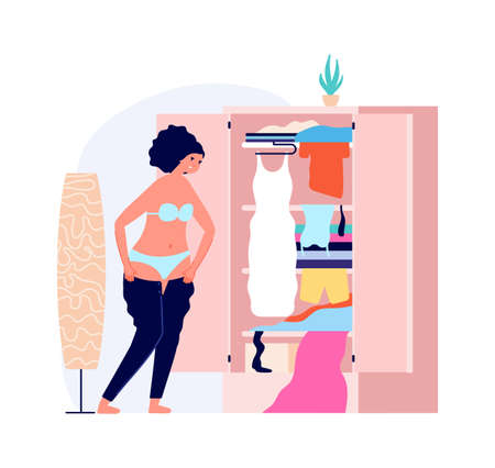 Fat problems, overweight vector illustration. Clothes dressed, woman fashion and cheerfulのイラスト素材