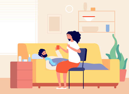 Girl and flu boy, woman treats boyfriend vector illustration. Flu cold, sick man unwell, influenza and feverのイラスト素材