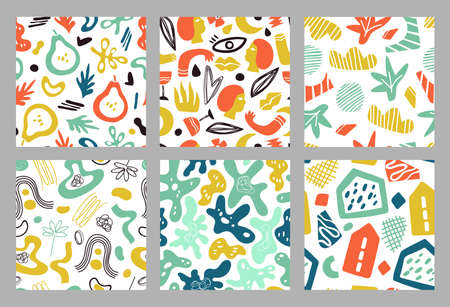 Contemporary shapes seamless pattern. Geometric modern background, colorful trendy collage templates. Minimal scribble floral vector texture. Floral exotic drawn, poster trendy wrapping illustrationのイラスト素材