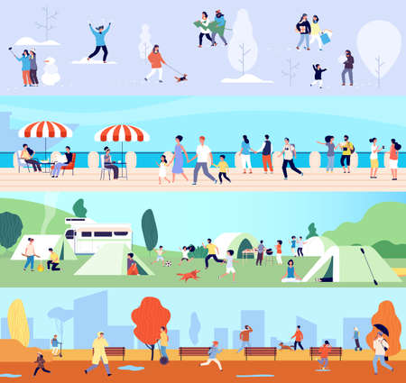 People outdoor activities. Seasonal walking man woman children. Winter summer autumn and spring time banners with tiny characters. Camping vacations, seafront walk vector illustrationのイラスト素材