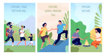People exploring. Domestic tourism, travel in motherland cards. Man woman hiking trekking and camping background. Cartoon landscape with travellers vector illustration. Tourism adventure hikingのイラスト素材