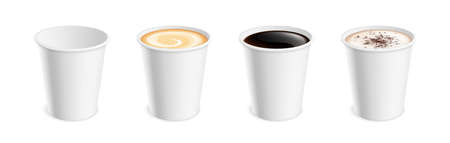 White realistic coffee mug. Hot cup latte mocha cocoa cappuccino, americano or espresso for breakfast. Isolated 3d takeaway drink vector set. Cappuccino cup, mug mocha illustrationのイラスト素材