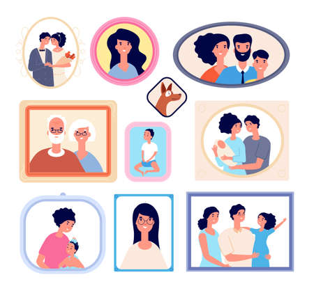 Family photo frames wall. Portrait gallery, grandparents relatives history. Pictures group people faces, childhood vector illustration. Gallery family photo portrait, illustration people group frameのイラスト素材