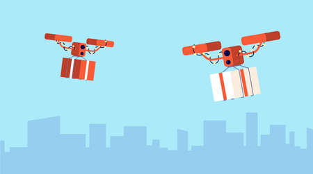 Presents drone delivery. Christmas gift, flying parcels. Digital logistic, modern contactless service purchase to home vector illustration.のイラスト素材