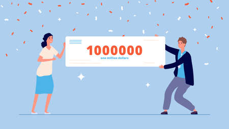 People holding money prize. Lottery winner with check, lucky guy. Young entrepreneurs investments, grant for study or science research vector illustration. Success winner man and woman with prizeのイラスト素材