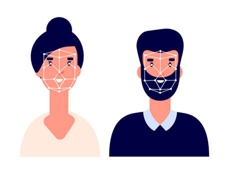 Id system. Facial identification, flat biometric technology. Face recognition or identity access profile. Safety verification vector concept. Illustration recognition identification, safety idのイラスト素材