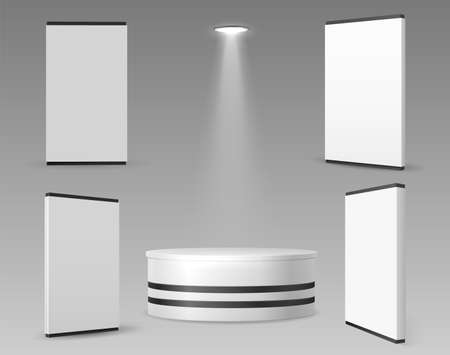 Expo wall and stand. Realistic 3D panels for exhibition or showroom. Event, ads or business trade empty equipment mockup. Blank displays vector illustration. Empty realistic white panelのイラスト素材