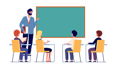 Children study with teacher. School inclusion study, kids discuss in classroom. Girl boy sitting and learning, education vector illustration. Teacher education at lesson in classroomのイラスト素材