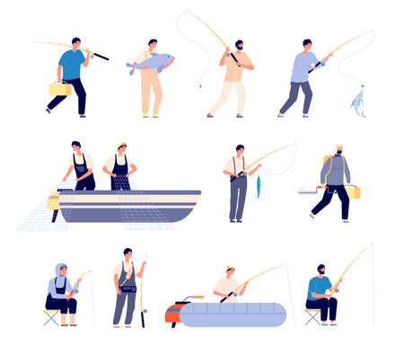 Fisherman characters. Rubber boat, fishing man with equipment. Seasonal activity, male holds fish. Commercial fishery vector illustration. Fishing equipment and rubber boatのイラスト素材
