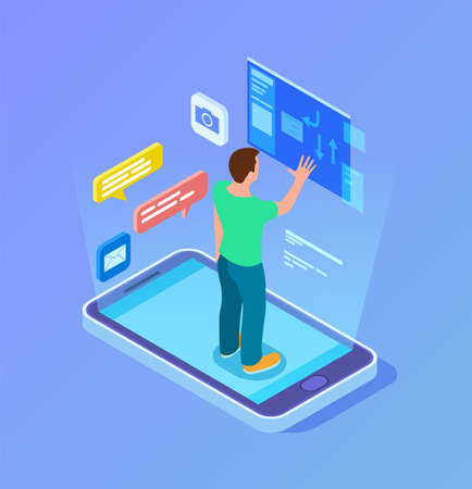 Modern business technologies. Remote connecting, isometric man work with multimedia service. Mail or social network, news posting or content making vector illustration. Remote communication onlineのイラスト素材