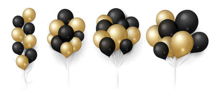 Gold black balloons. glittered balloon bunch, isolated flying festive decoration. realistic 3d birthday wedding sale or anniversary elements vector illustration. Gift balloon helium to celebrationのイラスト素材