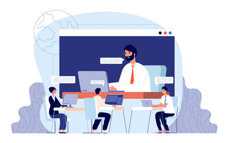 Business chat interview. Video internet call, virtual business conference connection. Candidate, employee online conversation vector. Illustration business interview, network corporate conferenceのイラスト素材