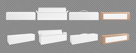 3D boxes mockup. Cardboard empty packing, white and craft realistic package. Isolated open, closed and pack with handle vector illustration. Box cardboard, package mockup and realistic containerのイラスト素材