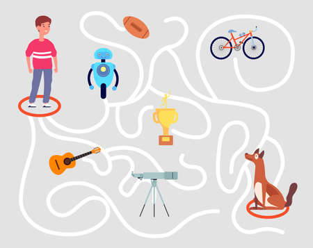 Fun maze game. Children labyrinth, education kindergarten kids puzzle play. Find solution, help to boy choose right road vector illustration. Puzzle labyrinth and play maze, education preschoolのイラスト素材