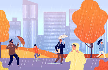 Autumn people on rain. Person with umbrella, girl walk raining city street. Man wear raincoat, cold stormwater season vector illustration. Autumn rain, people under umbrella, fall seasonのイラスト素材