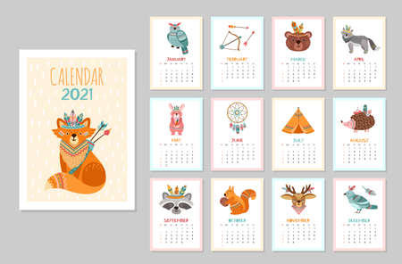 Cute animal calendar 2021. Kid animals, forest tribal wildlife posters. Monthly schedule arctic fox bear deer raccoon vector illustration. Calendar with tribe character, raccoon and birdのイラスト素材