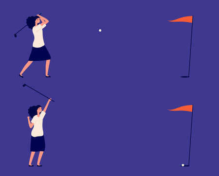 Business goal. Woman play in golf, successful project or investments metaphor. Manager golf club, ball hits target and girl win vector illustration. Girl win hiy precise target, successful playingのイラスト素材