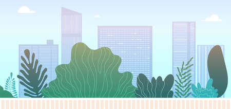 Downtown park landscape. City green area or walking street. Skyscrapers and green spaces, urban landscaping vector illustration. Downtown city and landscape building town and green parkのイラスト素材