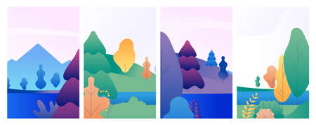 Nature landscape cards. Winter summer spring banners, forest and lake minimal style social media vector templates. Scene spring and autumn, summer landscape and winter illustrationのイラスト素材
