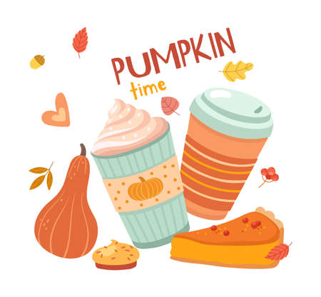 Pumpkin latte time. Autumn drinks, hygge season. Coffee with cream. Bakery shop, cafe restaurant print card vector template. Pumpkin coffee drink, orange season with hot beverage illustrationのイラスト素材