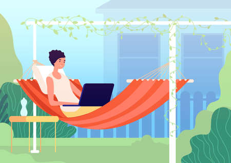 Rest in hammock. Summer balcony, gardening relax on backyard. Modern woman relaxing in garden with laptop, work in holiday vector concept. Summer hammock lifestyle holiday, work and swing illustrationのイラスト素材