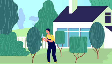 Gardener at work. Backyard garden worker, professional trimming plants bush care. Cartoon agriculture man hedge pruning vector illustration. Gardening care, hobby care agriculture backyardのイラスト素材
