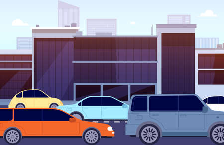 City road traffic jam. Cartoon cars street, morning downtown. Urban crossroad panoramic with autos, town building highway vector illustration. Road traffic car, city street with stop vehicleのイラスト素材