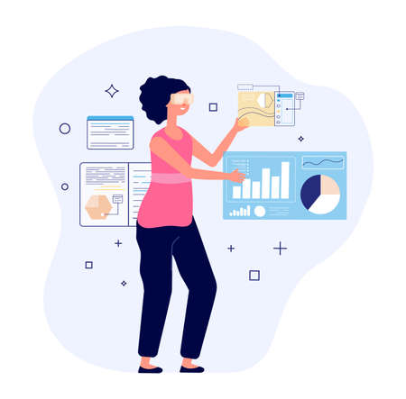 Innovation entertainment. Vr equipment, teenager virtual technology. Futuristic gadget, job reality vector illustration. Visual augmented, entertainment digital futuristic, electronic simulatorのイラスト素材